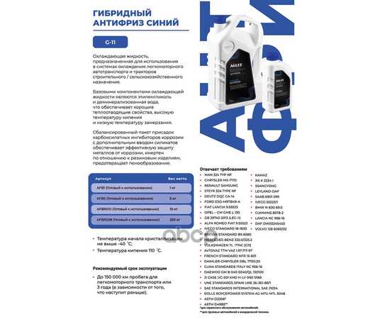 Купить АНТИФРИЗ ГОТОВ К ПРИМЕНЕНИЮ G11 СИНИЙ 1КГ (SUPER LONG LIFE COOLANT -40C) AFB1