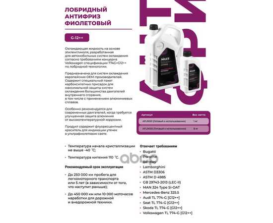 Купить АНТИФРИЗ ГОТОВ К ПРИМЕНЕНИЮ G12++ (ФИОЛЕТОВЫЙ) 5КГ (SUPER LONG LIFE COOLANT -40C) AFLR005