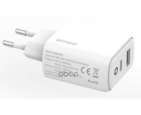 Купить СЕТЕВОЕ ЗАРЯДНОЕ УСТРОЙСТВО 38W USB-A (QC3.0), TYPE-C (PD3.0) ARNEZI A0605107