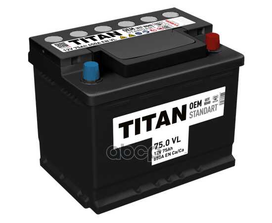 Купить АККУМУЛЯТОР TITAN STANDART 75 А/Ч ОБРАТНАЯ R+ 276X175X190 EN650 А