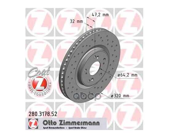 Купить ДИСК ТОРМОЗНОЙ ПЕРЕДНИЙ ПЕРФОРИРОВАННЫЙ HONDA ACCORD VIII/IX 08-> ZIMMERMANN 280.3178.52