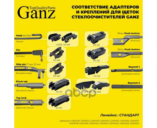 Купить ЩЕТКА СТЕКЛООЧИСТИТЕЛЯ 375 ММ БЕСКАРКАСНАЯ 1 ШТ (8 АДАПТЕРОВ) GANZ GIS01014