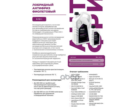 Купить АНТИФРИЗ ГОТОВ К ПРИМЕНЕНИЮ G12++ (ФИОЛЕТОВЫЙ, SUPER LONG LIFE COOLANT -40C) 5КГ AFLR005