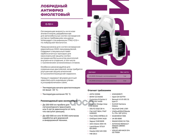 Купить АНТИФРИЗ ГОТОВ К ПРИМЕНЕНИЮ G12++ (ФИОЛЕТОВЫЙ, SUPER LONG LIFE COOLANT -40C) 1КГ AFLR001