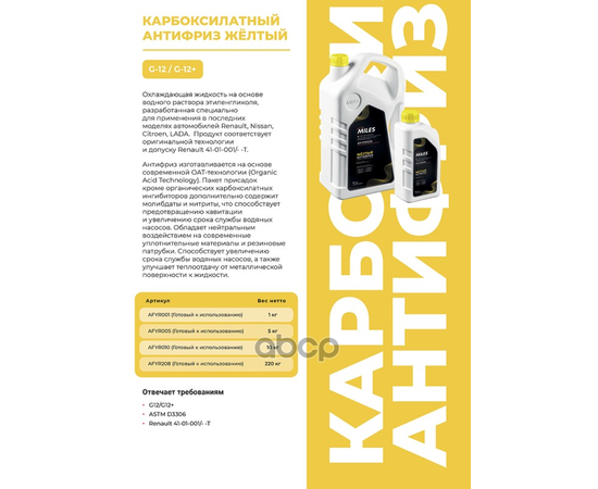 Купить АНТИФРИЗ ГОТОВ К ПРИМЕНЕНИЮ  G12/G12+ (ЖЁЛТЫЙ, SUPER LONG LIFE COOLANT -40C) 1 КГ AFYR001