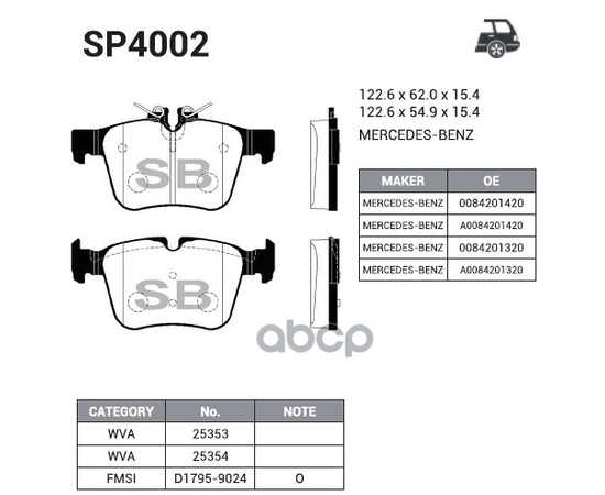 Купить КОЛОДКИ ТОРМОЗНЫЕ ДИСКОВЫЕ MB W205/S205 1.6/2.0/2.1D 13 SP4002