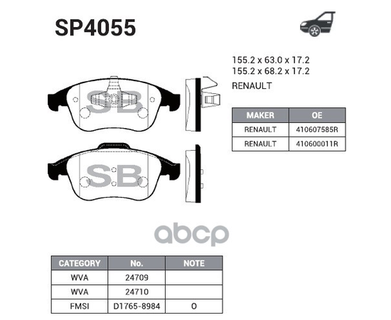 Купить КОЛОДКИ ТОРМОЗНЫЕ ПЕРЕДНИЕ RENAULT CLIO IV/MEGANE III/SCENIC III SP4055