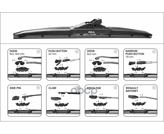 Купить ЩЕТКА СТЕКЛООЧИСТИТЕЛЯ ГИБРИДНАЯ АДАПТЕРЫ (КРЮЧОК,SIDE PIN,TOP LOCK,PINCH TAB,BAYONET,PUSH BUTTON,CLAW,SLIM TOP) 430MM HQ17