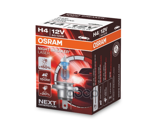 Купить ЛАМПА Г/С H4 (60/55W) P43T NIGHT BRAKER LASER +150% 12V 64193NL 4052899991361