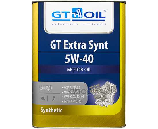 Купить МАСЛО МОТОРНОЕ GT OIL GT EXTRA SYNT 5W-40 СИНТЕТИЧЕСКОЕ 4 Л 8809059407417