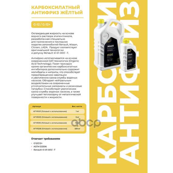 Купить АНТИФРИЗ ГОТОВ К ПРИМЕНЕНИЮ G12/G12+ (ЖЁЛТЫЙ, SUPER LONG LIFE COOLANT -40C) 1 КГ AFYR001