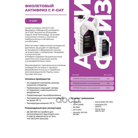 Купить АНТИФРИЗ ГОТОВЫЙ К ПРИМЕНЕНИЕ P-OAT ФОСФАТНО-ЛОБРИДНЫЙ (ФИОЛЕТОВЫЙ, SUPER LONG LIFE COOLANT -40C) 5 КГ AFPR005