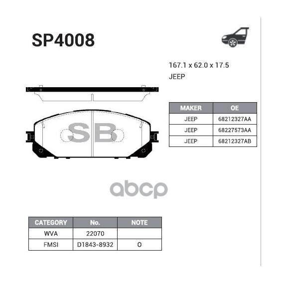 Купить КОЛОДКИ ТОРМОЗНЫЕ ДИСКОВЫЕ JEEP CHEROKEE V (KL) ALL 13 SP4008
